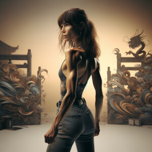 Athletic Thin skinny Attractive, Asian teenage girl, long brown hair and bangs, wearing tight skinny jeans and a halter top paint marks on her clothing, heroic pose Asian graffiti background, backside view