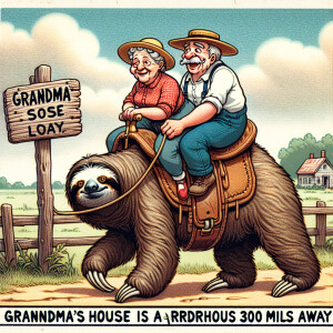A man and woman ride on top of a sloth that has a saddle on it....