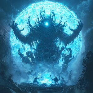 A colossal ethereal deity with multiple arms and glowing eyes to...