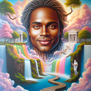 A hyper-realistic 3-D oil painting colorful waterfall with the f...