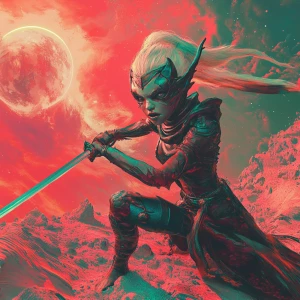 Create a 3D stereograph image of an alien girl with a ferocious...