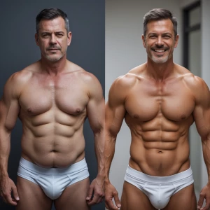 Create a side-by-side close up image of a man in his mid-forties...