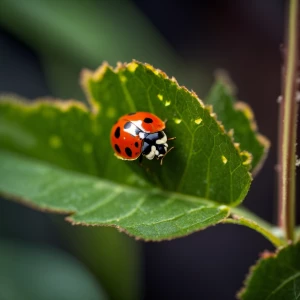 Depict a close-up of a ladybug on a leaf. The ladybug and leaf s...