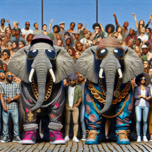 Elephants wearing hip-hop clothing and jewelry standing infront...