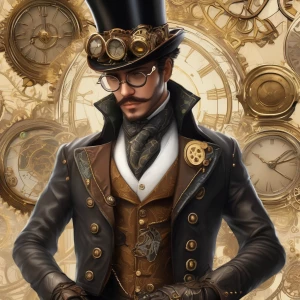 A detailed steampunk persona with a monocle, a finely tailored jacket adorned with intricate clockwork designs, and a polished brass gauntlet. Behind them, a steam-powered airship and a cityscape of smokestacks and gears set the scene.