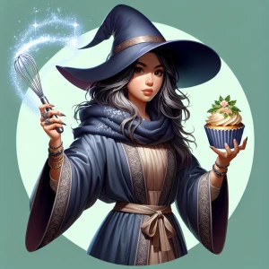 a baking ninja holding a cupcake in 1 hand and a whisk in the ot...