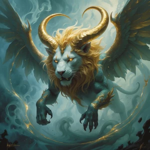 In a ghostly swirling mist, a spectral chimera with gilded horns...