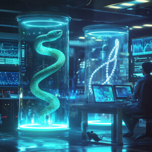 Design a futuristic laboratory scene in a realistic 3D-rendered...