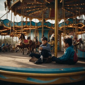An abandoned children's carousel. A boy is sitting unconscious o...