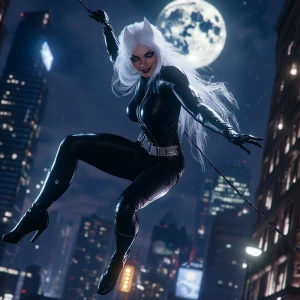 Felicia Hardy as The Black Cat, wearing her iconic black leather...