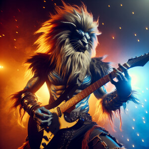Man-Lion Hybrid Playing Heavy Metal Music On his electric guitar...