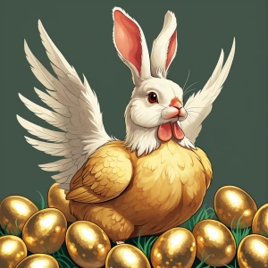 An illustration of an Easter bunny's head atop a chicken's body...