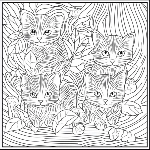 Create a coloring page design with thick lines, featuring  kitte...