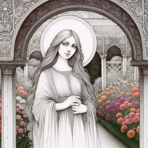 delicate fine line silverpoint drawing of a statuesque woman wit...