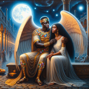 Create an oil painting image featuring a male angel and a grievi...