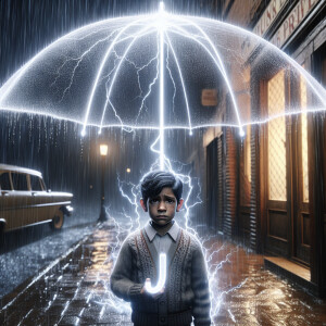 An ultra HD realistic image of a sad child standing in front of...