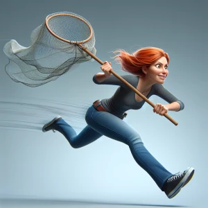 Ginger haired woman flying through the air catching something wi...