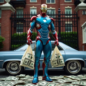 Iron Man, clad in a blue armor suit adorned with a paisley pattern, stands confidently with a bag of money in each hand, surrounded by scattered dollar bills at his feet. He is leaning casually on a classic lowrider car. Behind him, there's a red brick apartment complex, secured by an elegant black wrought iron gate.