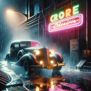 A vintage car parked under a flickering neon sign in a rain-slic...