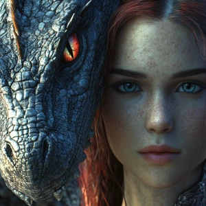 dragon beside maiden, both facing toward the viewer,fantasy sett...