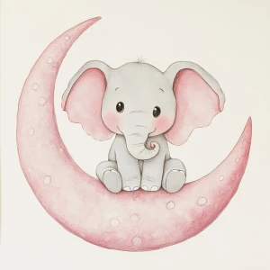 A cute, cartoon elephant sits on a stylized, rosy-pink crescent moon. The elephant is light gray with large, round, pink-spotted ears.  Its body is round and its trunk is curled gently upward.  The elephant's eyes are large and round, and its facial expression is happy and friendly. The elephant's legs and feet are visible, and its posture is relaxed, sitting. The moon is a soft, shaded pink, with watercolor-like texture and subtle shading. The background is white. The image is in a child-friendly style, showcasing delicate line work and color palettes. The composition is centered on the elephant, which is positioned on the moon. The overall style is sweet, whimsical, and reminiscent of children's book illustrations.  The colors are pastel and soothing, creating a gentle atmosphere.  Small, white polka dots accentuate the elephant's ears and trunk, enhancing the adorable aesthetic.