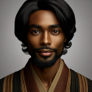 Create an image of a serene African American man with medium-len...