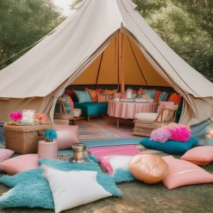 Organize a beach-themed girls' glamping birthday party featuring a spacious bell tent adorned with sea-themed decorations and vibrant birthday embellishments. Arrange this lavish campsite on a picturesque farm, complete with a cozy lounge space and a fire pit for evening relaxation.