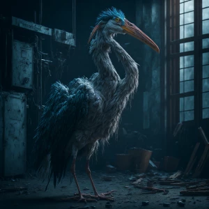 Stork with a exaggerated menacing expression holding a sign sayi...