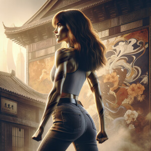 Athletic Thin skinny Attractive, Asian teenage girl, long brown hair and bangs, wearing tight skinny jeans and a halter top paint marks on her clothing, heroic pose Asian graffiti background, backside view