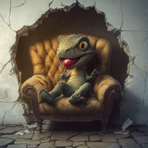 A cute, expressive young,  little dinosaur with a guilty expression, expressive eyes,  is sitting on a vintage oversized quilted reading chair. He has a red shiny lollipop in his hand and is licking it. His tongue shows as he is licking the lollipop. The scene is shown in dark lighting with the light accentuating the dinosaur. The scene is shown through a hole in the wall. The floor part of the scene is vintage dark cobble stones. The hole in the white plaster wall is realistic and surrounds the whole owith some cracks.