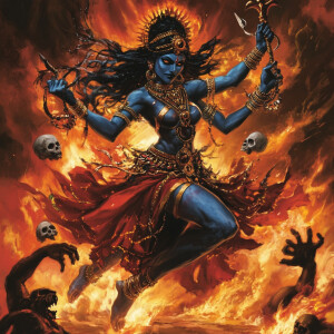 Kali, the fierce Hindu goddess of destruction and rebirth, shown...