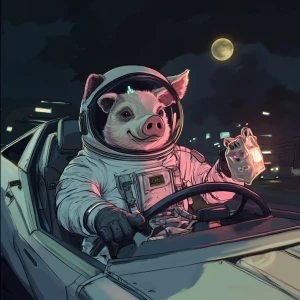 Cute cartoon pig in vintage white spacesuit and NASA style helme...