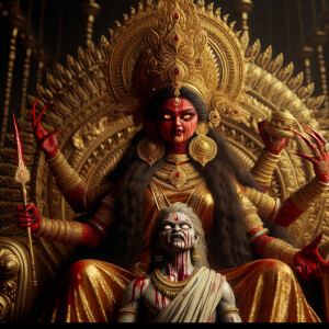 portrait of angry looking goddess durga sitting on a gold crown and carrying a weak mahishasur on her lap and poking him with her amazingly long red fingernails. She is wearing gold armor, a huge gold crown, gold saree, abundant  gold jewelry, covered in blood. The scene is set in ancient India. The image is 8K resolution, cinematic, photography, ultra detailed face and epic.