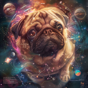"A portrait of an adorable pug floating in a cosmic setting. The...