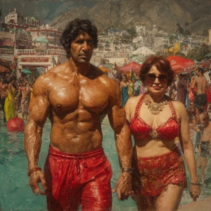 Hyperrealism,sharp painting,a muscular beefy kashmiri man walkin...
