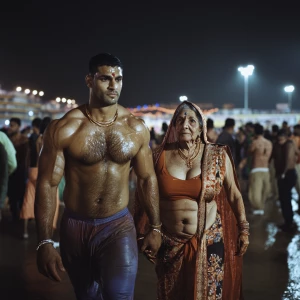 Photo,realism.A gujarati muscular man sweat on body walking with...