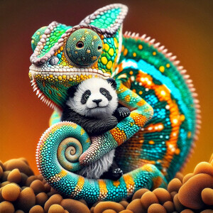 A chameleon hugging a panda