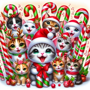 A chorus of animated candy canes singing Christmas kittens, each...