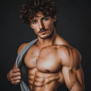 Generate an image of a fit, muscular man sporting curly brown ha...