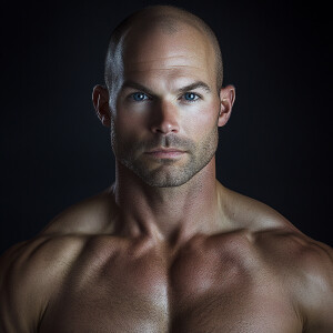Create a dramatic muscular body portrait image of a 43 year old...