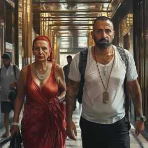 Hyperrealism,A sweaty beefy man walking with his 54 year old kas...