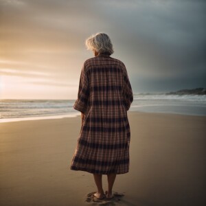 Low angle shot of slender adult woman with graying hair wearing...