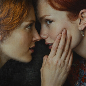 Create a highly detailed and realistic image of 2 women whisperi...