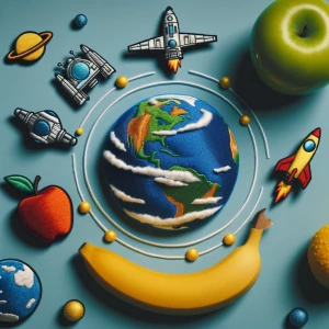 Iron on patches like a banana, space ship and apple orbiting ro...