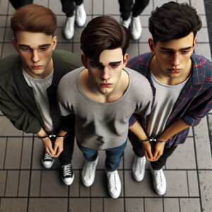 3 male Caucasian (((teenagers))). walk. (((All three  have their...