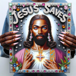A 3D realistic artwork featuring the phrase 'Jesus Saves' adorne...