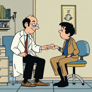 Cartoon cartoon, the doctor is in his clinic talking to a person...