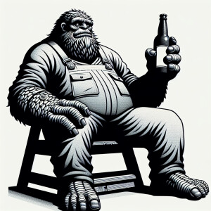 Cartoonish, monsterish mechanic in grey coveralls drinking a bee...