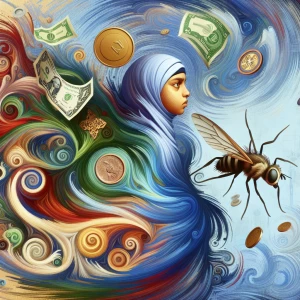 Create an abstract piece of art depicting a girl amidst chaotic...