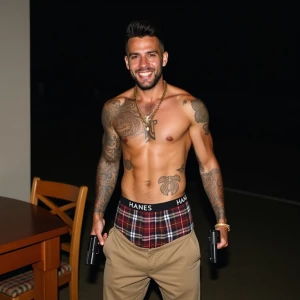 A shirtless man with tattoos on his chest and arms, wearing khak...